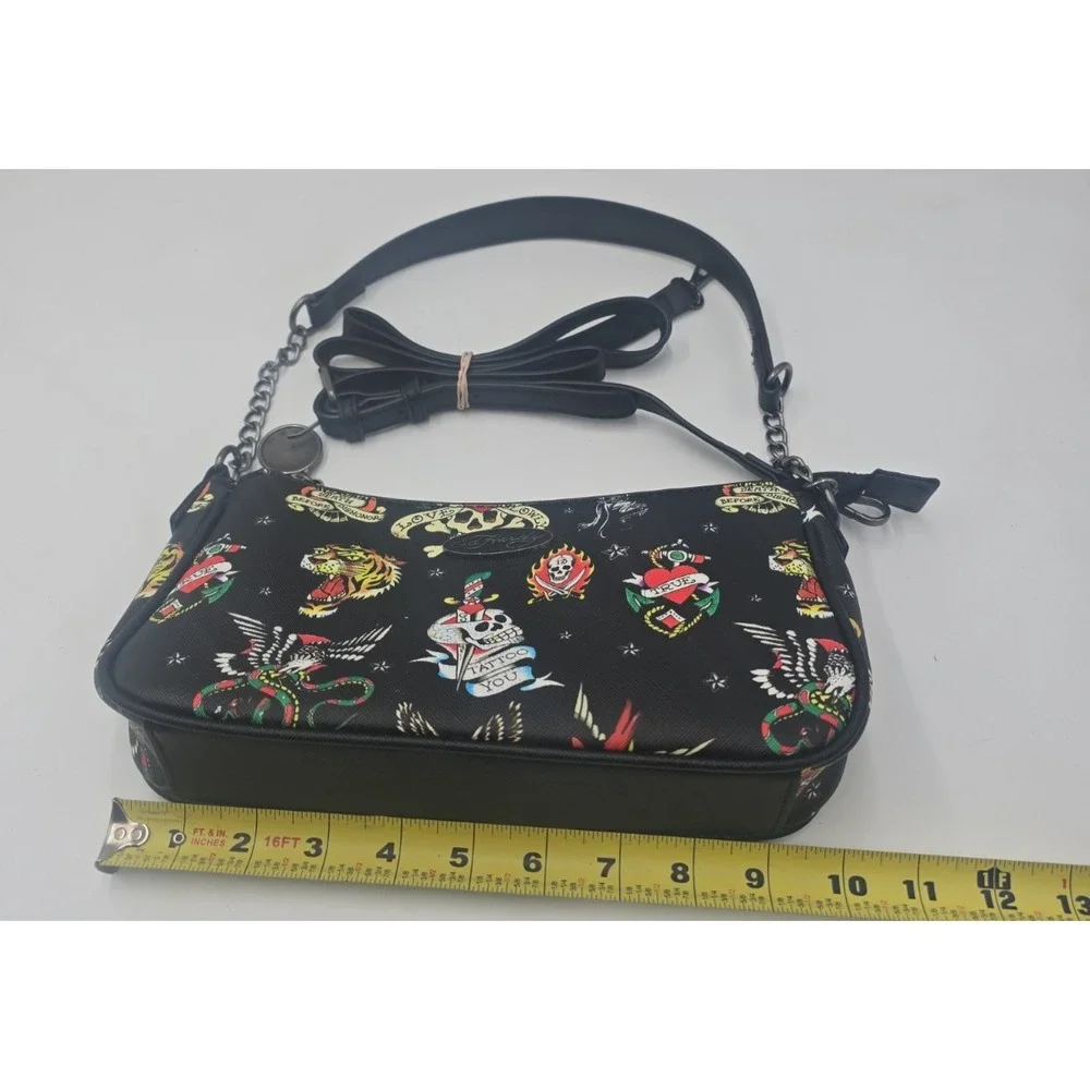 Ed Hardy Black Shoulder Crossbody Bag with Charms Love Kills Slowly Skull Tattoo
